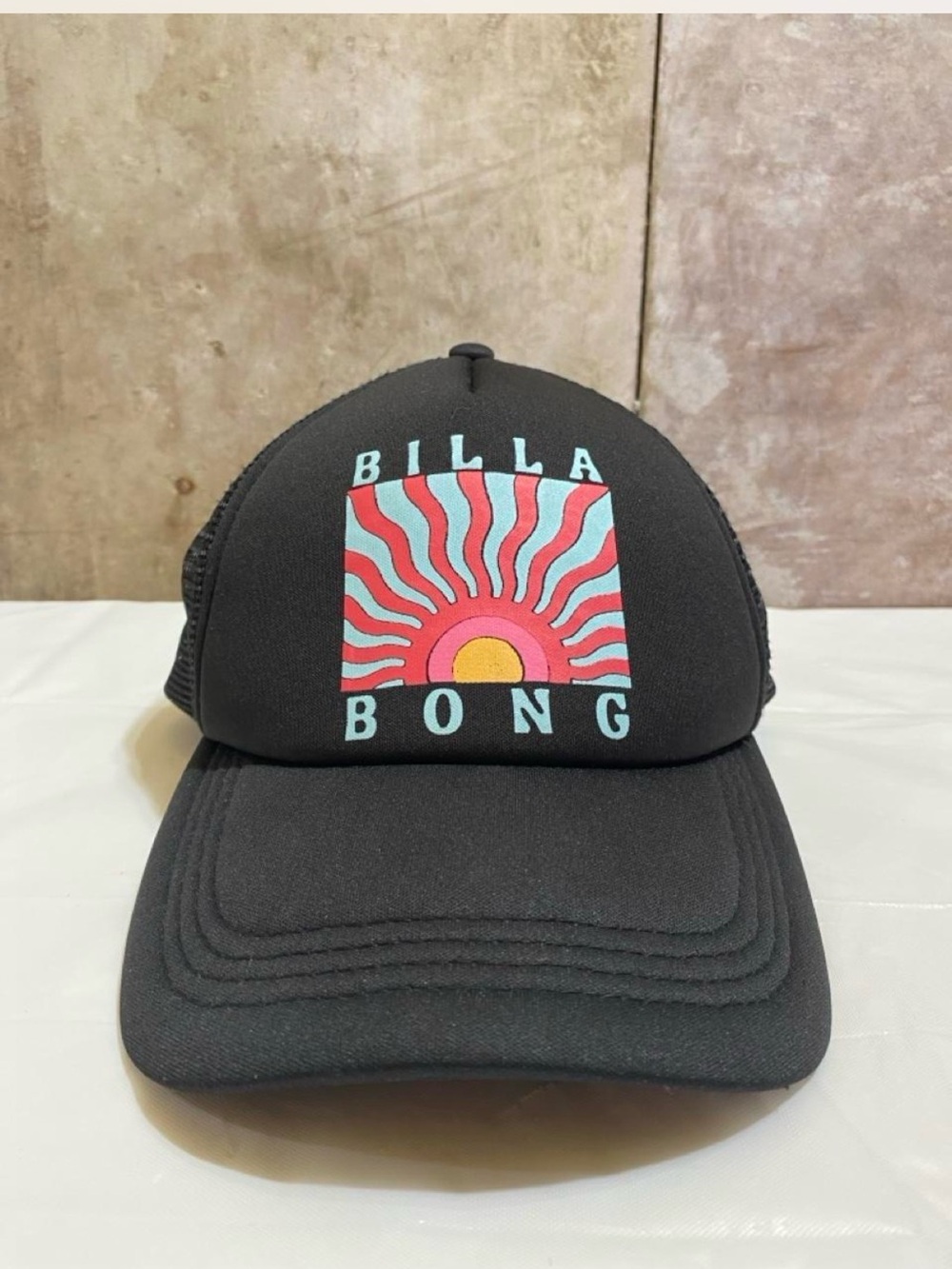 Billabong Black Trucker Hat with Pink, Aqua & Yellow Sun Graphic